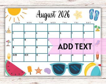 EDITABLE Printable August Calendar 2026 | Cute Summer Themed Calendar W/ Sea Shells and Sunglasses | Summer Monthly Calendar | Fillable