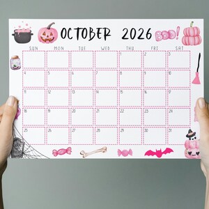Calendario de octubre de 2026 imprimible y editable / Calendario de Halloween rosa, lindo y espeluznante / Calendario de octubre con temática de Halloween rosa / Calendario mensual imagen 4