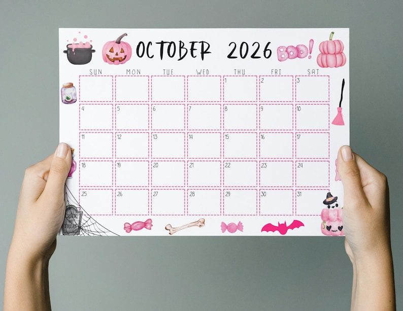 Calendario de octubre de 2026 imprimible y editable / Calendario de Halloween rosa, lindo y espeluznante / Calendario de octubre con temática de Halloween rosa / Calendario mensual imagen 4