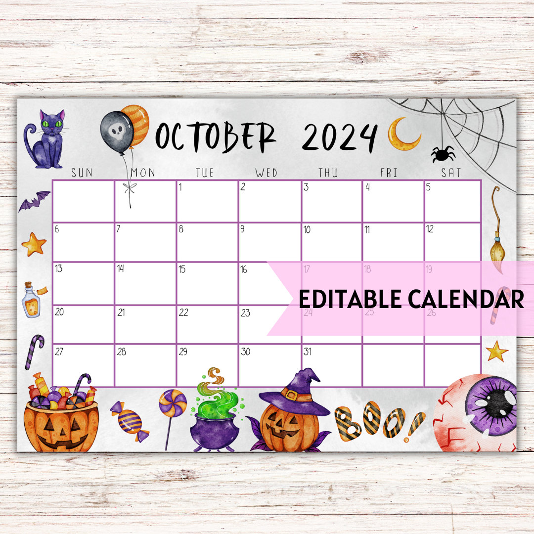 EDITABLE Printable October Calendar 2024 Cute & Spooky Halloween ...