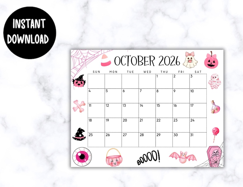 EDITABLE Printable October 2026 Calendar | Cute & Spooky Pink Halloween ...