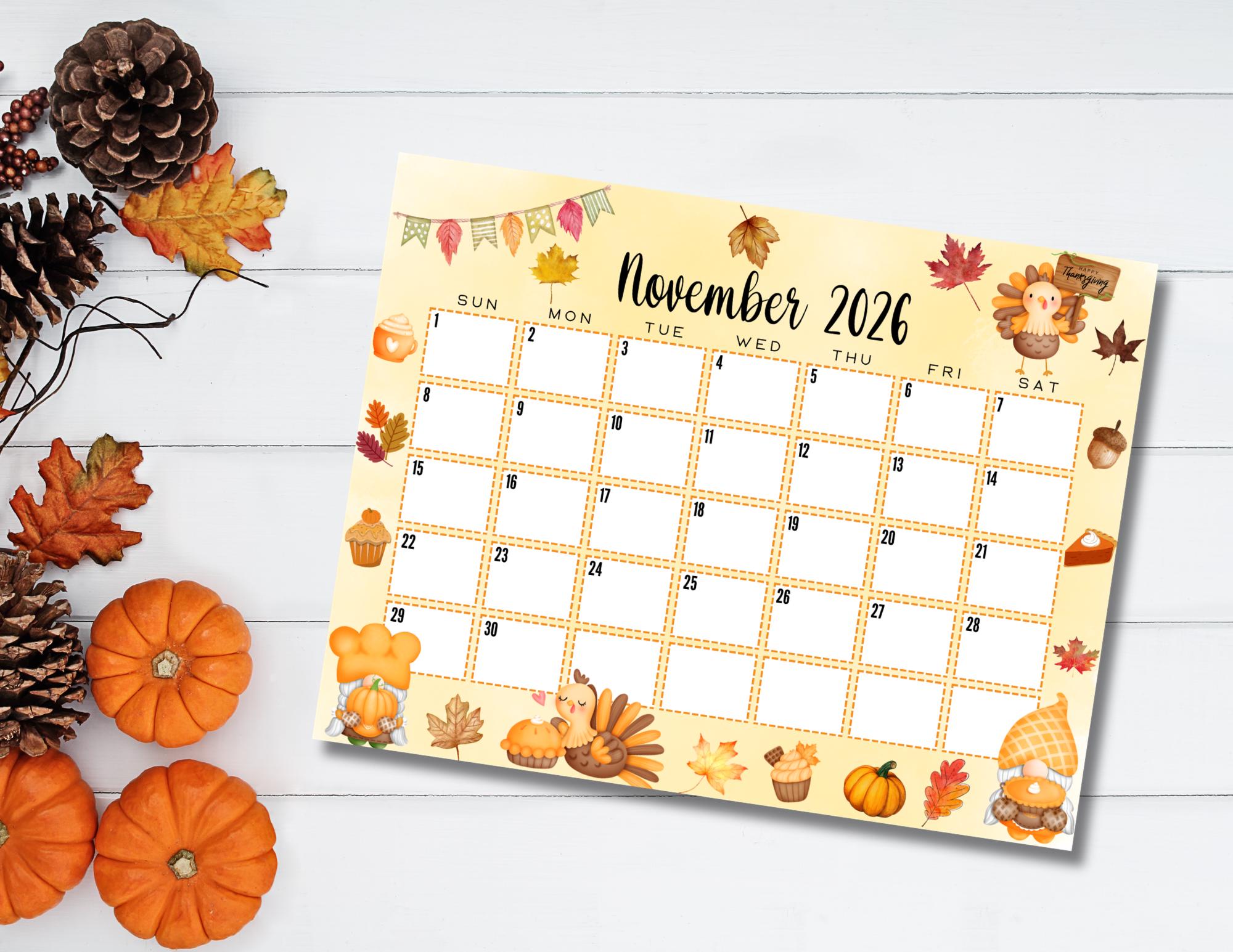 EDITABLE Printable November Calendar 2026 | Cute Gnome and Turkey ...