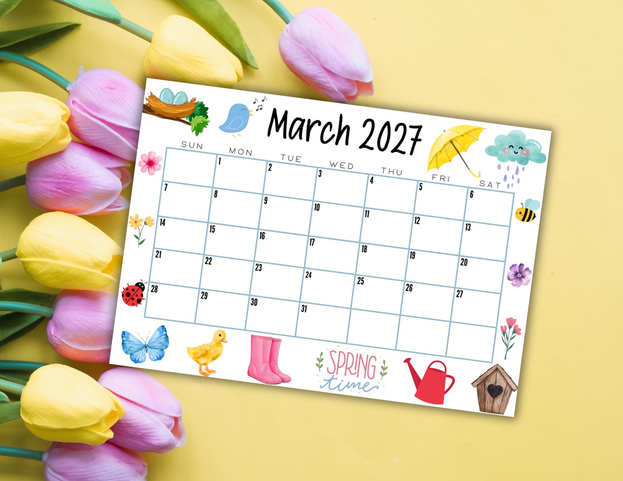 EDITABLE March 2027 Calendar | Cute Spring March 2027 Calendar W/ Rain ...