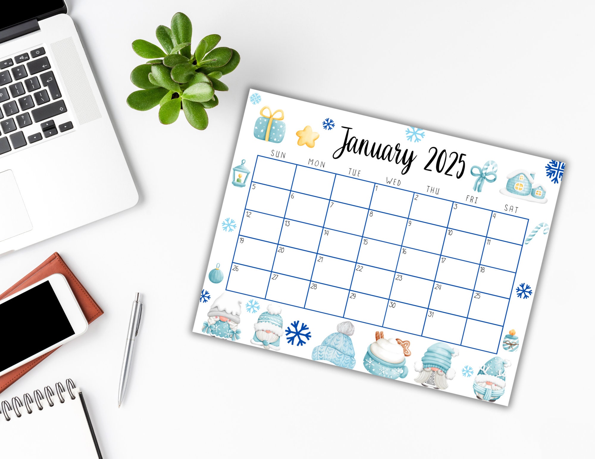EDITABLE Printable January Calendar 2025 Cute Baby Blue Winter Themed