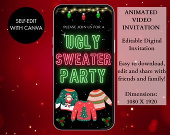 Pode incluir: Convite animado em vídeo para uma festa de suéteres feios. O convite é personalizável e pode ser editado usando Canva. O convite apresenta um fundo preto com texto em verde neon e vermelho que diz "Ugly Sweater Party". Há três suéteres feios de desenhos animados no convite, um com um Papai Noel, um com uma árvore de Natal e um com um padrão listrado. O convite tem 1080 pixels de largura por 1920 pixels de altura.