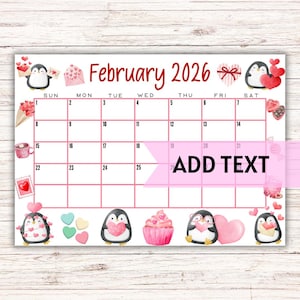 Calendario imprimible y editable de febrero de 2026 / Lindo calendario de San Valentín de febrero de 2026 con pingüinos / Calendario para el aula / Planificador de educación en casa