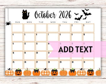 Calendrier d'octobre 2026 MODIFIABLE, imprimable | Calendrier d'Halloween | Calendrier d'Halloween mignon et amusant | Calendrier mural imprimable 2026