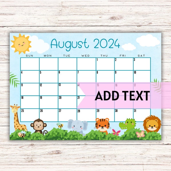 EDITABLE Printable August Calendar 2024 | Back To School Calendar | Preschool Calendar | Cute Zoo Animals August 2024 Calendar | Fillable