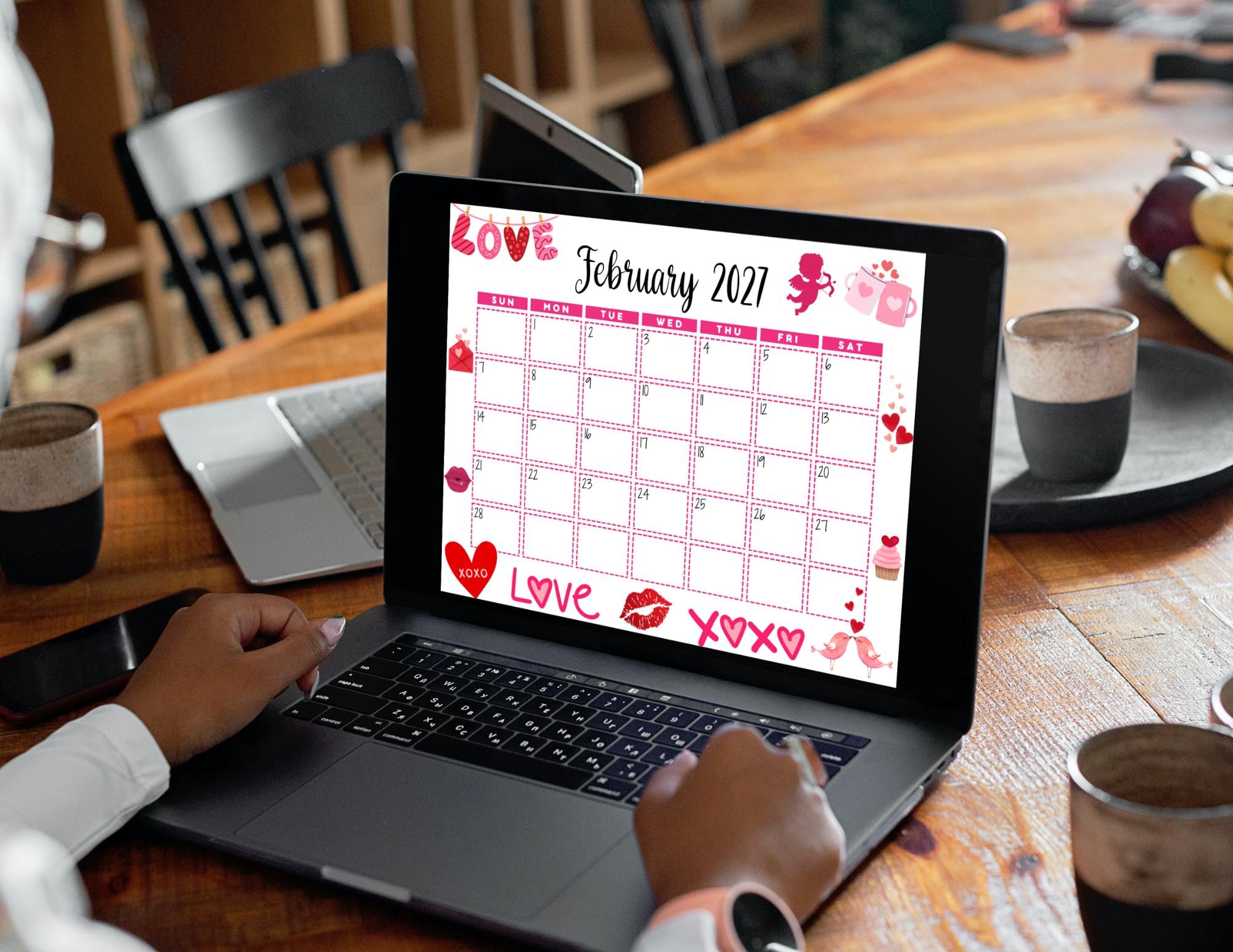 EDITABLE Printable February Calendar 2027 | Cute Valentine's Day ...