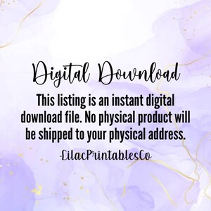 Puede incluir: Un anuncio de descarga digital con un fondo de acuarela morado y dorado. El texto dice "Descarga digital. Esta lista es un archivo de descarga digital instant&aacute;nea. No se enviar&aacute; ning&uacute;n producto f&iacute;sico a su direcci&oacute;n f&iacute;sica. -Lilac PrintablesCo"