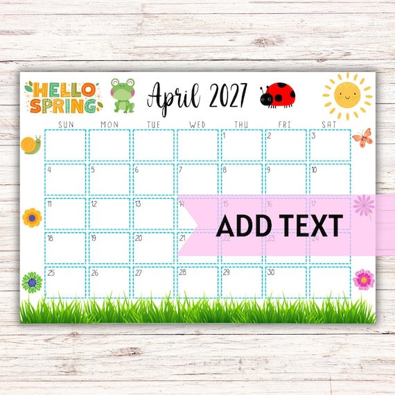 EDITABLE April Calendar 2027 | Cute Spring Calendar W/ Green Grass | Monthly Calendar | Printable Wall Calendar 2027 | Homeschool Planner - Etsy