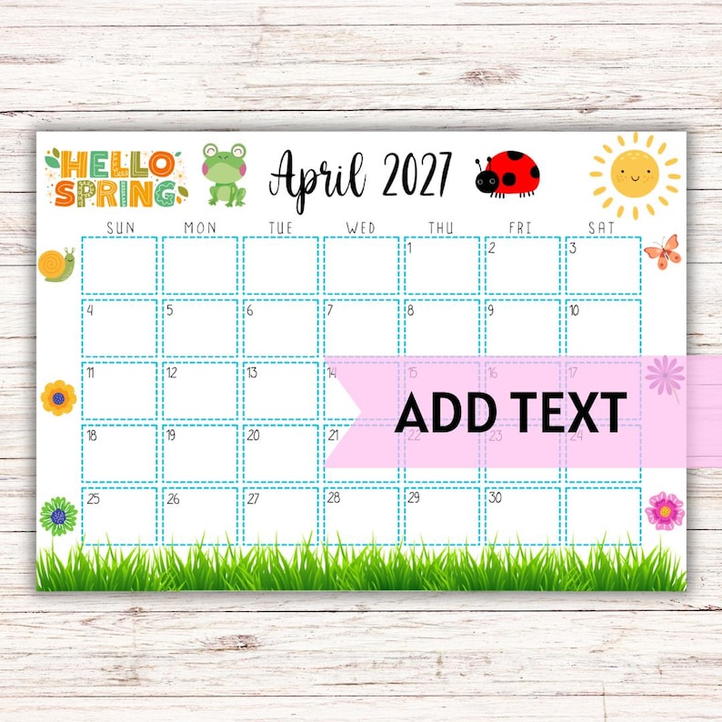 EDITABLE April Calendar 2027 | Cute Spring Calendar W/ Green Grass ...