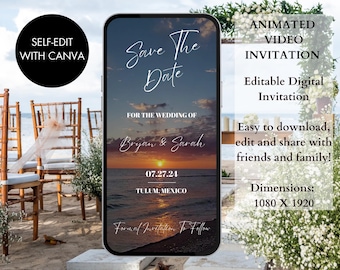Digital Beach Save The Date Invitation | Digital Animated Destination Wedding Invite Featuring Sound Of Waves | Beach Wedding Invite | Canva