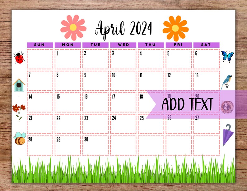 EDITABLE Printable April Calendar 2024 Spring Monthly Etsy Australia