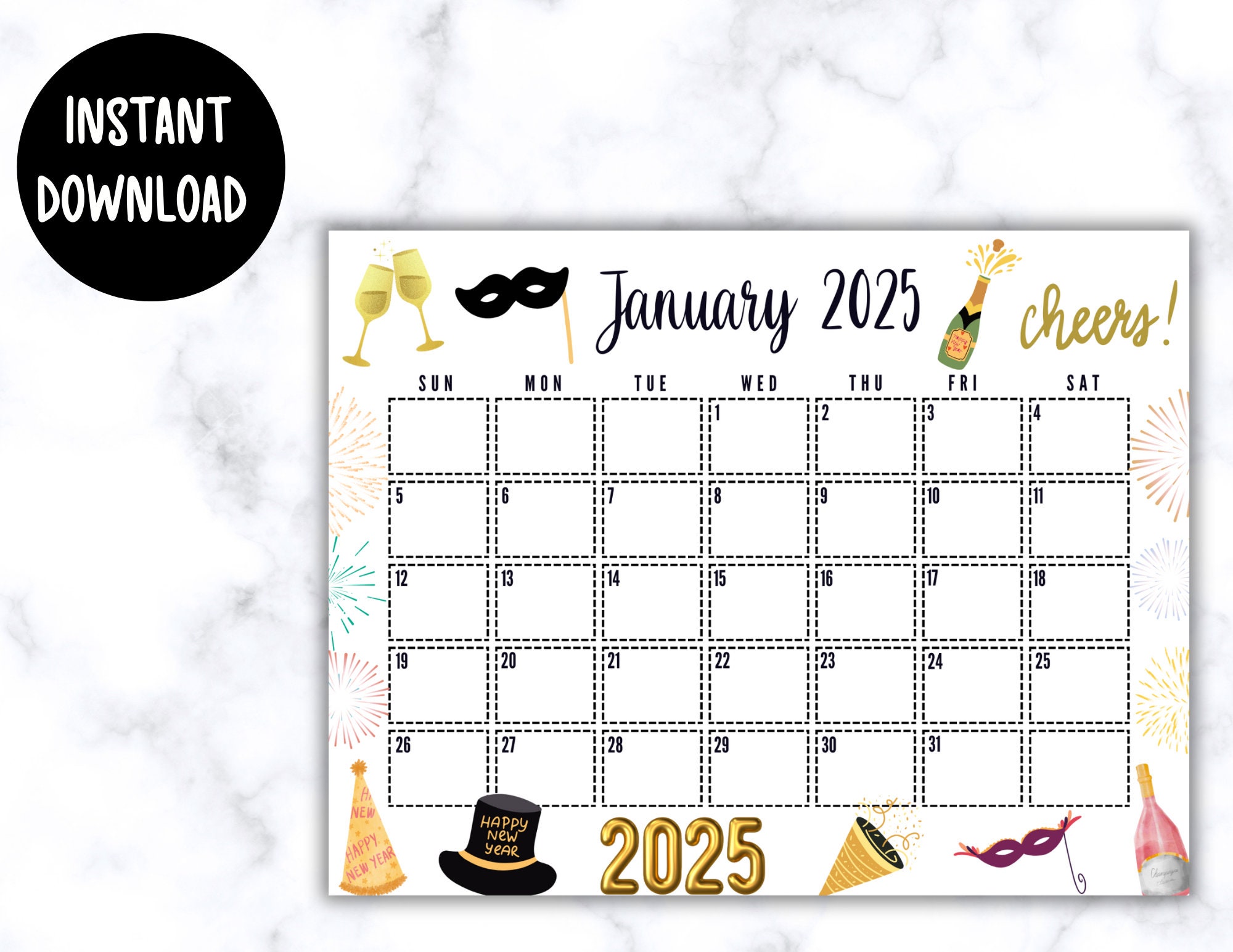 EDITABLE Printable January 2025 Calendar | Gold Themed New Year's Day