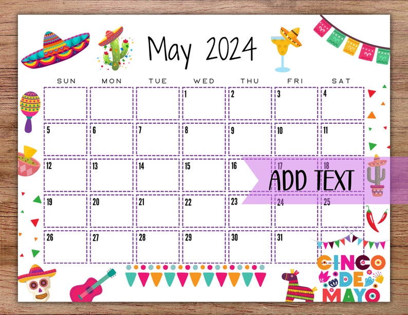 EDITABLE Printable May Calendar 2024 Cinco De Mayo Themed Etsy UK