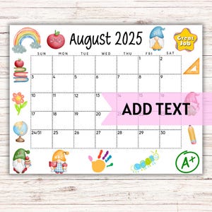 PRINTABLE August Calendar 2025 | Cute Gnome Back To School Calendar | Classroom Calendar | Monthly Calendar | Editable Wall Calendar 2025
