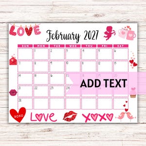EDITABLE Printable February Calendar 2027 | Cute Valentine's Day February Calendar | Monthly Calendar | February 2027 Calendar | Fillable - Etsy