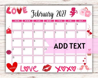 Calendario di febbraio 2027 modificabile e stampabile / Calendario di febbraio per San Valentino / Calendario mensile / Calendario di febbraio 2027 / Compilabile