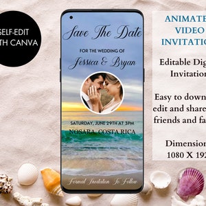 May include: A digital save the date video invitation with a beach sunset background. The invitation features a photo of a couple and the text "Save The Date" in a cursive font. The text "For the wedding of Jessica & Bryan" is below the photo. The date and location of the wedding are listed below the text. The invitation is 1080 x 1920 pixels.