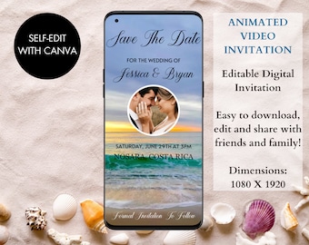 Invitación digital para reservar la fecha en la playa / Invitación digital animada para boda en destino con sonido de olas / Invitación para boda en la playa con fotos