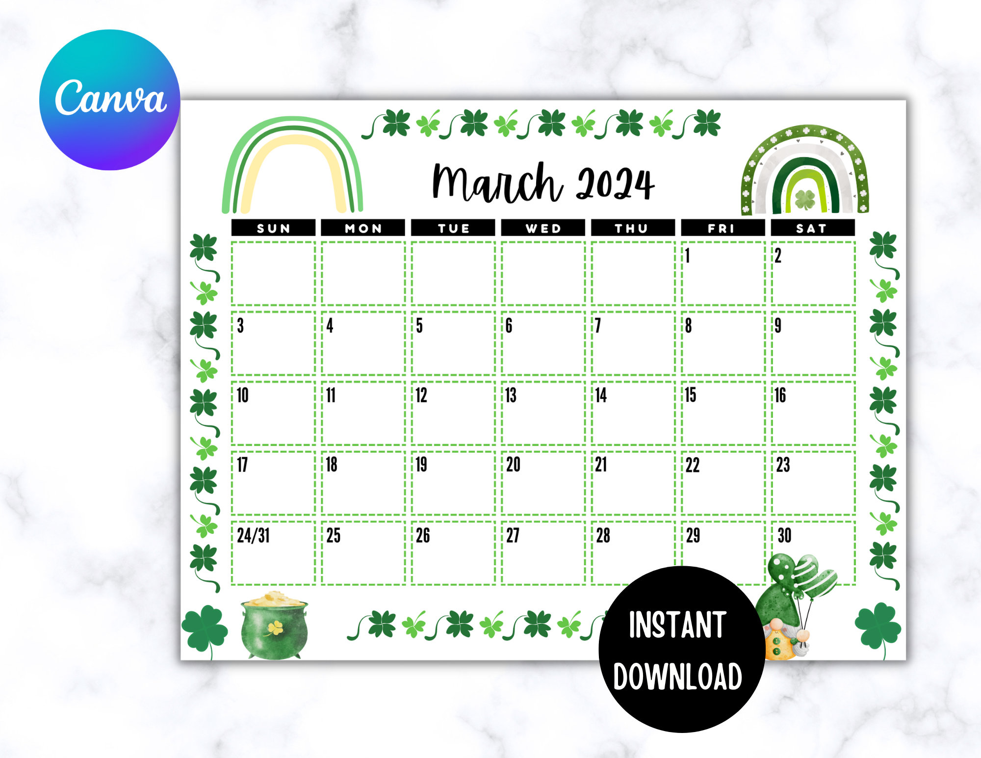 EDITABLE Printable March Calendar 2024 Watercolor St. - Etsy Canada