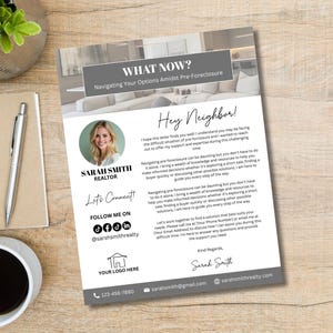 Puede incluir: Un folleto inmobiliario sobre un escritorio de madera con una taza de café, un bolígrafo y un bloc de notas. El folleto tiene el texto "WHAT NOW? Navigating Your Options Amidst Pre-Foreclosure" y una foto de un agente inmobiliario.