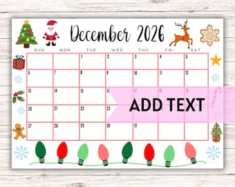 EDITABLE Printable December Calendar 2026 | Christmas Calendar W/ Santa Claus and Snowflakes | December 2026 Calendar | Fillable Calendar