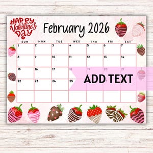 Calendario de febrero de 2026 imprimible y editable / Lindo calendario de febrero de 2026 para San Valentín con fresas cubiertas de chocolate / Calendario mensual