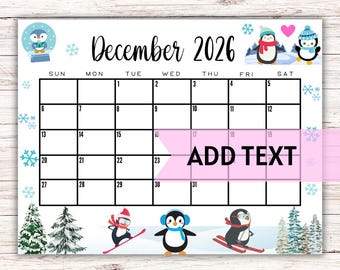 EDITABLE Printable December Calendar 2026 | Cute Christmas Penguin Calendar | Holiday Calendar | December 2026 Calendar | Family Calendar