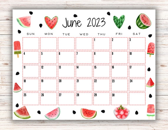 EDITABLE Printable June Calendar 2023 Watermelon Themed - Etsy