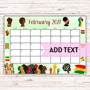 EDITABLE Printable February Calendar 2027 | Black History Month Calendar | Black History February Calendar | Monthly Calendar | Fillable