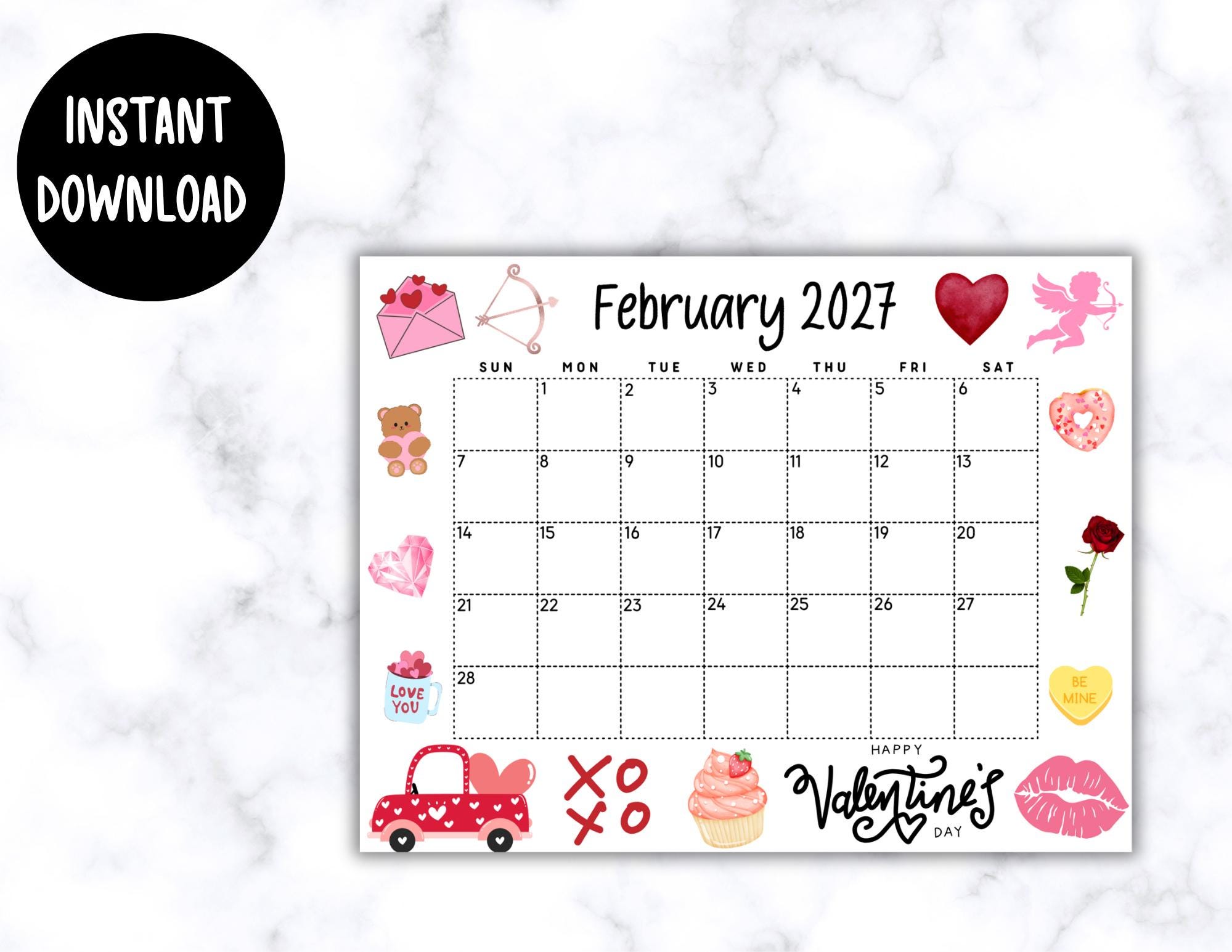 EDITABLE Printable February Calendar 2027 | Cute Valentine's Day Calendar W/ Teddy Bear | Monthly Calendar | Editable Wall Calendar 2027 - Etsy