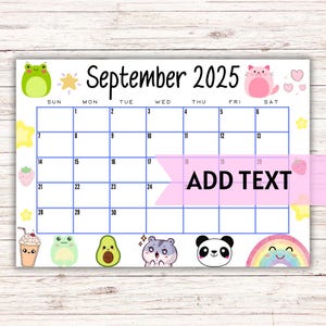 EDITABLE Printable September Calendar 2025 | Cute Kid&#39;s Kawaii September Calendar W/ Boba Tea | Printable Wall Calendar 2025