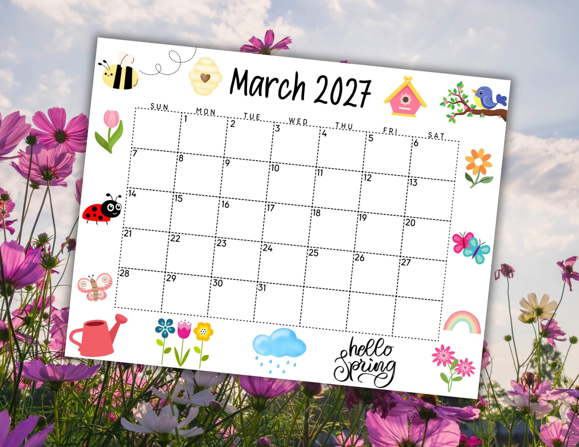 EDITABLE March Calendar 2027 | Printable Wall Calendar 2027 | Cute ...
