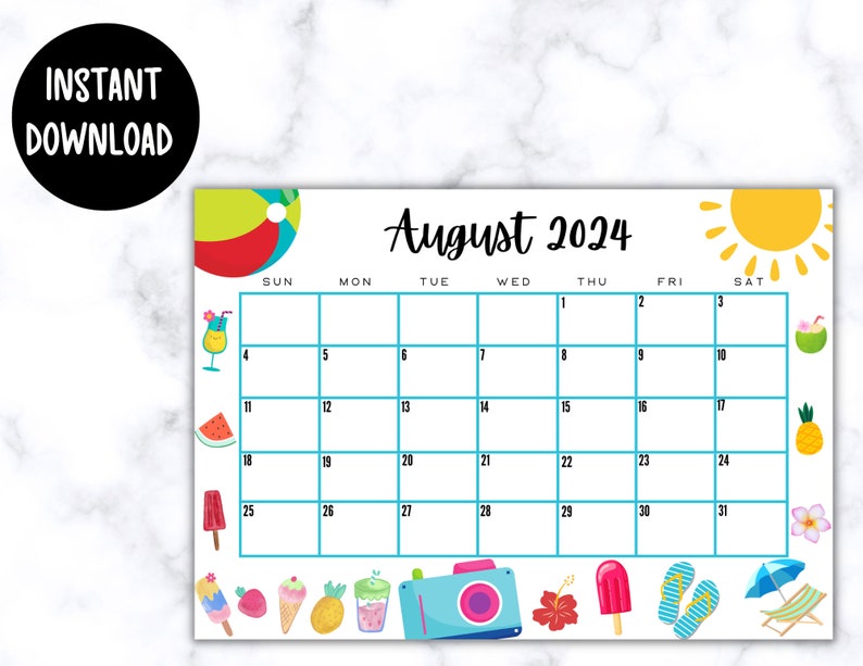 EDITABLE Printable August Calendar 2024 Cute Summer Themed August ...