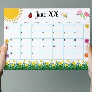 Calendario di giugno 2026 modificabile / Calendario di giugno 2026 con fiori / Calendario mensile / Calendario compilabile / Calendario stampabile per la classe immagine 4