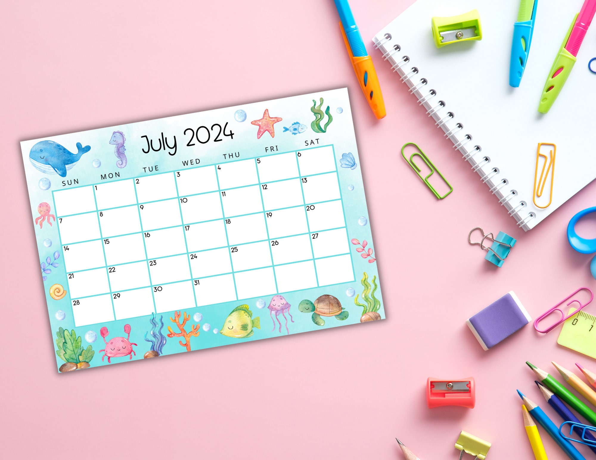 EDITABLE Printable July Calendar 2024 Cute Under the Sea Etsy