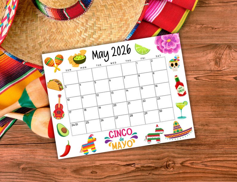 EDITABLE Printable May Calendar 2026 | Cinco De Mayo Themed Calendar ...
