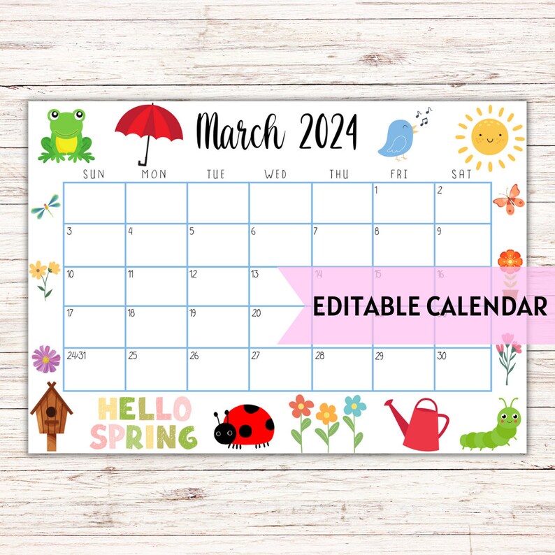 EDITABLE Printable March Calendar 2024 Spring Themed March 2024