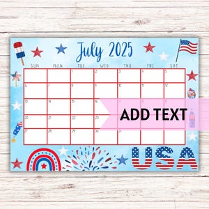 EDITABLE Printable July Calendar 2025 | Cute and Festive 4th of July Themed Calendar W/ Watercolor Stars | Monthly Calendar | Fillable