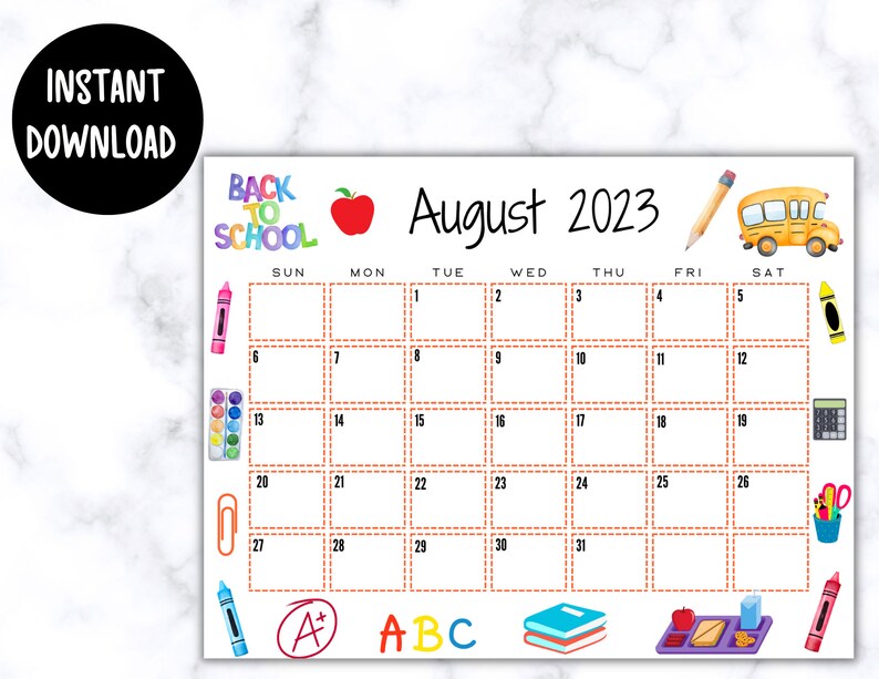 EDITABLE Printable August Calendar 2023 Back to School Etsy