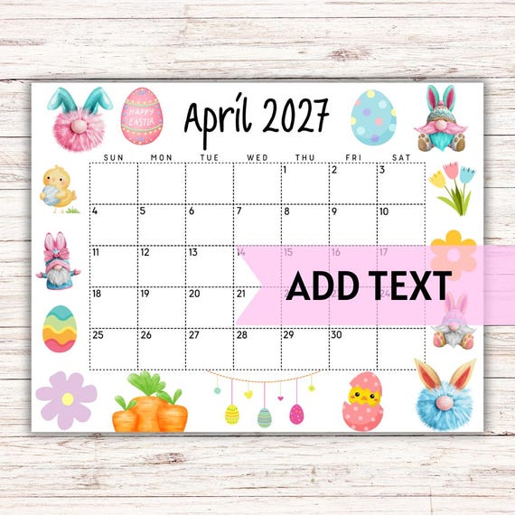 EDITABLE Printable April Calendar 2027 | Printable Wall Calendar 2027 | Cute Easter Calendar W/ Easter Gnomes | Monthly Calendar | Fillable - Etsy