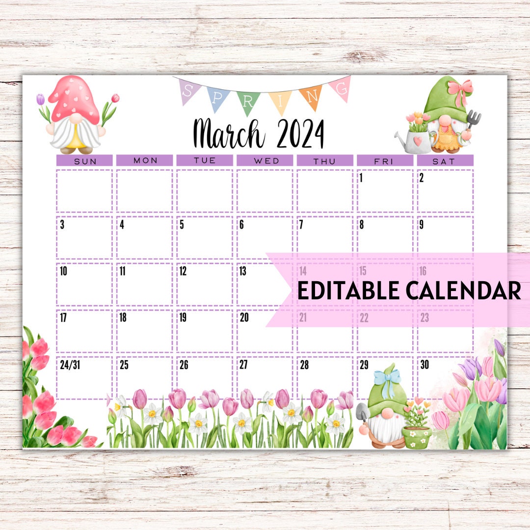 EDITABLE Printable March Calendar 2024 Watercolor Spring Gnomes