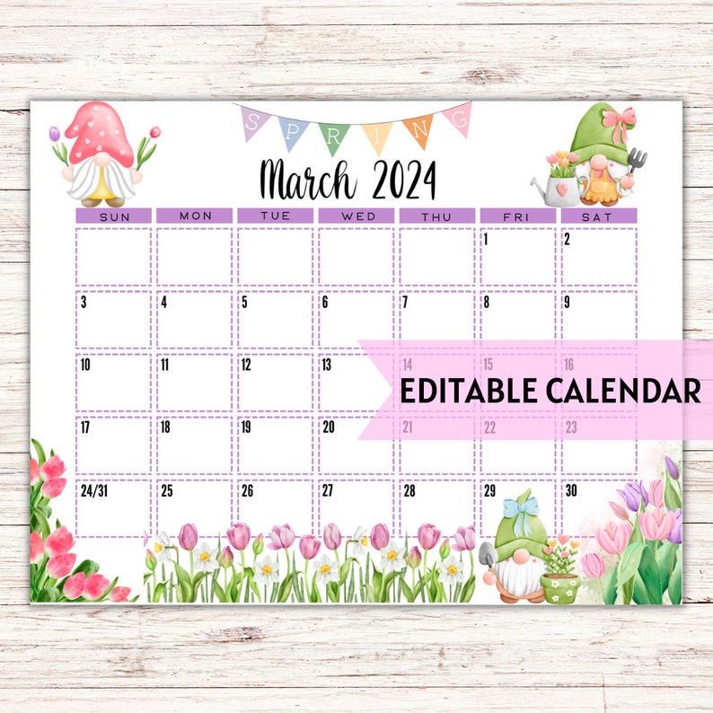 EDITABLE Printable March Calendar 2024 Watercolor Spring Gnomes