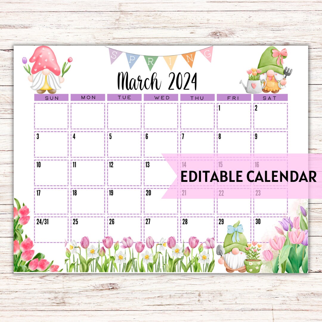 EDITABLE Printable March Calendar 2024 Watercolor Spring Gnomes