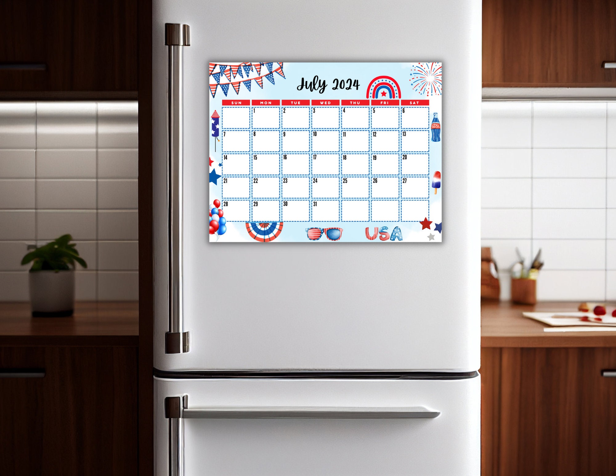 EDITABLE Printable July Calendar 2024 Cute 4th of July Calendar Family