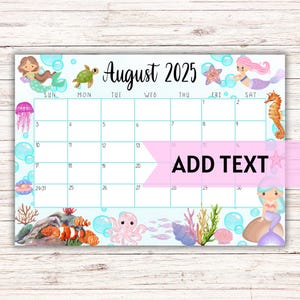 EDITABLE Printable August Calendar 2025 | Cute August 2025 Calendar W/ Mermaids and Sea Creatures | Classroom Calendar | Homeschool Planner