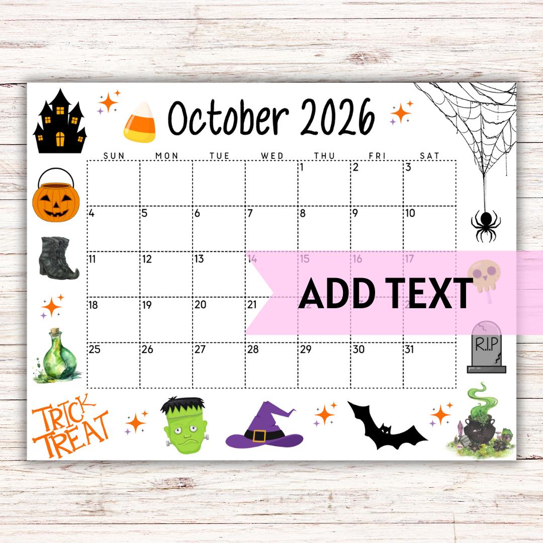 EDITABLE Printable October Calendar 2026 | Halloween Calendar | Cute ...