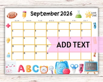 EDITABLE Printable September Calendar 2026 | Back To School Calendar | Classroom Calendar | Monthly Calendar | Fillable Calendar